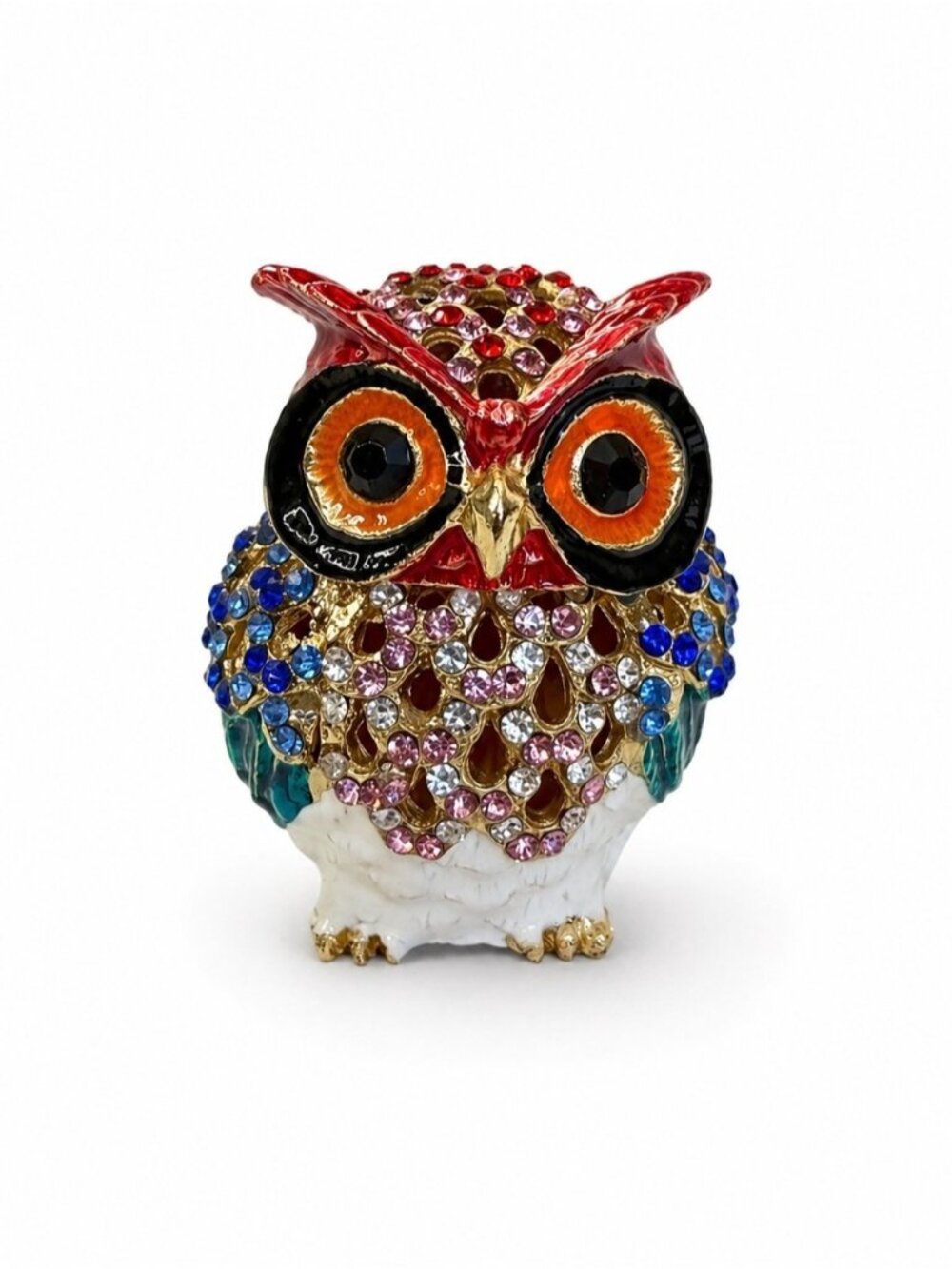 Cloisonné Owl Trinket Box Hinged Jewelry Ring Holder Rhinestone Necklace Red